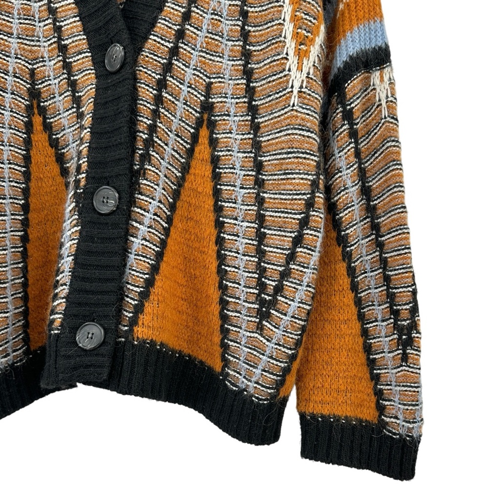 Vintage SHe(e)r Brown Gray Black Blue Chevron Loose Fit Wool Blend Knit Cardigan - Picture 2 of 6